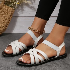 Women's Cross Strap Flat Sandals, Open Toe Elastic Ankle Strap Slip On Shoes, Casual Beach Sandals