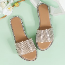 Women's Rhinestone Flat Slippers, Glitter Open Toe Non-slip Slides Shoes, Casual Outdoor Slippers