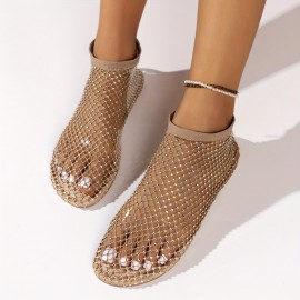 Women's Rhinestone Pattern Sandals, Slip On Soft Sole Flat Hollow Out Shoes, Summer Transparent Beach Shoes