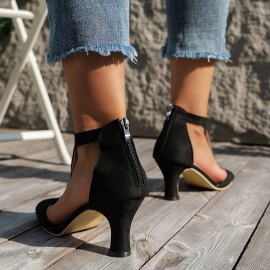 Women's Solid Color Chunky Heel Sandals, Fashion Open Toe Back Zipper Sandals, Comfortable Summer Sandals