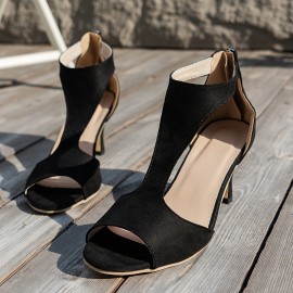 Women's Solid Color Chunky Heel Sandals, Fashion Open Toe Back Zipper Sandals, Comfortable Summer Sandals