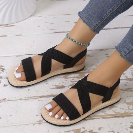 Women's Casual Flat Sandals, Elastic Crisscross Strap Open Toe Slip On Shoes, Comfy Beach Sandals