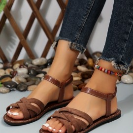 Women's Solid Color Flat Sandals, Casual Cross Strap Summer Beach Shoes, Lightweight Elastic Band Shoes