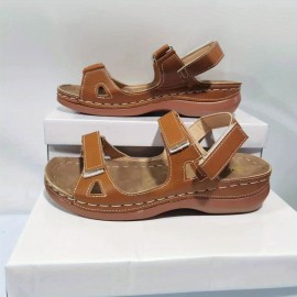 Women's Retro Roman Sandals, Solid Color Hook & Loop Strap Open Toe Shoes, Comfy Slingback Sandals