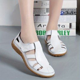 Women's Retro Flat Sandals, Closed Toe Solid Color Hook & Loop Non Slip Shoes, Casual Outdoor Sandals