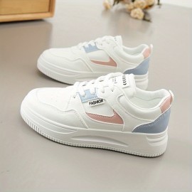 Women's Colorblock Flatform Sneakers, Lace Up Low-top Round Toe Non-slip Skate Shoes, Versatile Sporty Shoes
