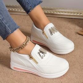 Women's Solid Color Platform Sneakers, Slip On Round Toe Non-slip Side Zipper Low-top Soft Shoes, Outdoor Comfy Shoes