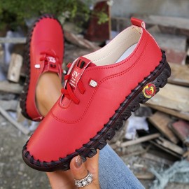 Women's Flat Handmade Sneakers, Solid Color Soft Sole Lace Up Faux Leather Shoes, Casual Walking Shoes
