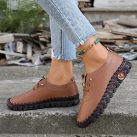 Women's Flat Handmade Sneakers, Solid Color Soft Sole Lace Up Faux Leather Shoes, Casual Walking Shoes