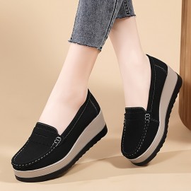 Women's Solid Color Casual Sneakers, Slip On Soft Sole Platform Daily Shoes, Versatile Shallow Mouth Loafers