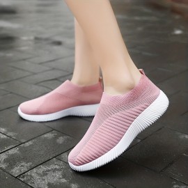 Women's Knitted Sock Shoes, Solid Color Breathable Low Top Slip On Shoes, Lightweight Walking & Running Gym Shoes