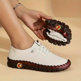 Women's Flat Low Top Sneakers, Solid Color Soft Sole Faux Leather Shoes, Comfy Lace Up Walking Trainers