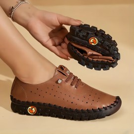 Women's Soft Sole Sneakers, Casual Lace Up Faux Leather Loafers, Lightweight Low Top Walking Shoes