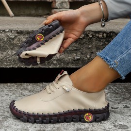 Women's Soft Sole Sneakers, Casual Lace Up Faux Leather Loafers, Lightweight Low Top Walking Shoes