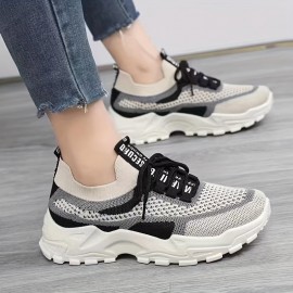 Women's Knit Chunky Sneakers, Colorblock Lace Up Low Top Running Sports Shoes, Breathable Walking Trainers