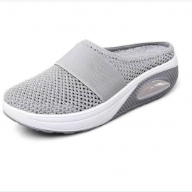 Women's Mesh Flat Shoes, Air Cushion Half Slippers, Slip On Breathable Casual Shoes
