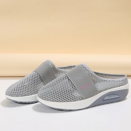 Women's Mesh Flat Shoes, Air Cushion Half Slippers, Slip On Breathable Casual Shoes