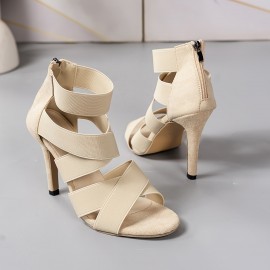 Women's Elastic Crisscross Strap Sandals, Pointed Peep Toe Ankle Strap Thin High Heels, Back Zipper Design Shoes
