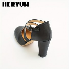 Women's Cross Strap Chunky High Heels, Solid Color Round Toe D'Orsay Pumps, Buckle Strap Sandals