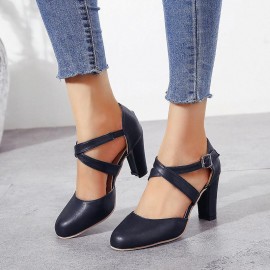 Women's Cross Strap Chunky High Heels, Solid Color Round Toe D'Orsay Pumps, Buckle Strap Sandals