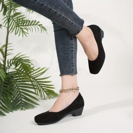 Women's Solid Color Trendy Shoes, Slip On Shallow Mouth Comfy Block Heel Shoes, Lightweight Daily Soft Sole Shoes