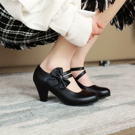 Round Toe Pumps Kitten Heels, Bowknot Ankle Straps PU Leather Fashion Dance Work Dress Chunky Shoes, Women's Footwear