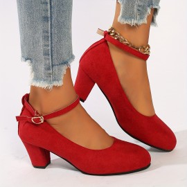 Women's Solid Color Casual Shoes, Ankle Buckle Strap Chunky Heel Soft Sole Shoes, Versatile Round Toe Shoes