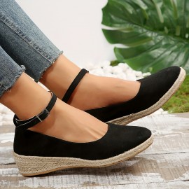 Women's Espadrilles Wedge Heel Shoes, Comfy Solid Ankle Buckle Strap Anti-skid Heels, Casual Walking Shoes