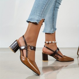 Women's Colorblock Trendy Sandals, Ankle Buckle Strap Comfy Chunky Heel Soft Sole Shoes, Versatile Point Toe Dress Shoes