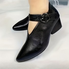 Women's Solid Color Trendy Shoes, Ankle Buckle Comfy Chunky Heel Daily Shoes, Versatile Point Toe Soft Sole Shoes