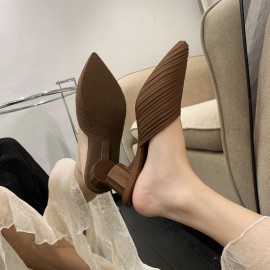Women's Solid Color Chunky Heels, Casual Point Toe Slip On Pumps, Women's Summer Comfortable Heels