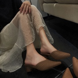 Women's Solid Color Chunky Heels, Casual Point Toe Slip On Pumps, Women's Summer Comfortable Heels