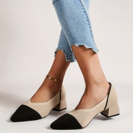 Women's Knitted Chunky Low Heels, Pointed Toe & Cap Toe Slip On Shoes, Comfy Breathable Low Heels