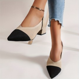 Women's Knitted Chunky Low Heels, Pointed Toe & Cap Toe Slip On Shoes, Comfy Breathable Low Heels