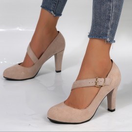 Women's Solid Color Block Heels, Elegant Buckle Strap Dress Pumps, Comfortable Black Heels