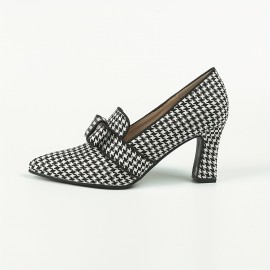 Women's Houndstooth Pumps, Bowknot Pointed Toe Slip On Chunky Heels, Versatile Dress High Heels