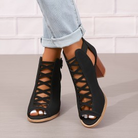 Women's Chunky Heeled Sandals, Peep Toe Cut-out Buckle Strap Stacked Heels, Retro High Heels