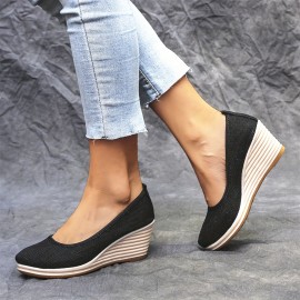 Women's Mesh Wedge Shoes, Breathable Soft Sole Slip On Shoes, Casual Linen Soft Wedge Heels
