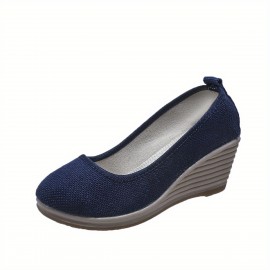 Women's Mesh Wedge Shoes, Breathable Soft Sole Slip On Shoes, Casual Linen Soft Wedge Heels