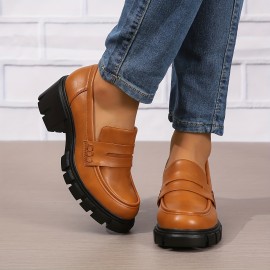 Women's Chunky Heeled Loafers, Solid Color Round Toe PU Leather Shoes, Versatile Platform Shoes