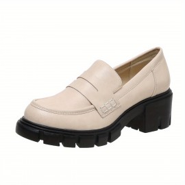 Women's Chunky Heeled Loafers, Solid Color Round Toe PU Leather Shoes, Versatile Platform Shoes