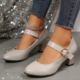 Women's Chunky High Heels, Solid Color Buckle Strap Dress Pumps, All-Match Party Work Shoes