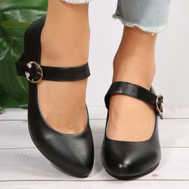 Women's Chunky High Heels, Solid Color Buckle Strap Dress Pumps, All-Match Party Work Shoes