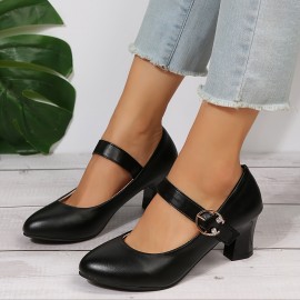 Women's Chunky High Heels, Solid Color Buckle Strap Dress Pumps, All-Match Party Work Shoes
