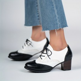 Women's Perforated Pumps, Colorblock Lace Up Stacked Chunky Heels, Retro Mid Heels