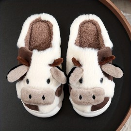 Women's Cute Cow Design Slippers, Casual Slip On Plush Lined Platform Shoes, Warm Indoor Slippers