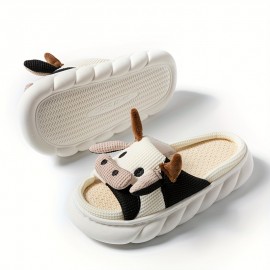 Women's Kawaii Cartoon Cow House Slippers, Casual Slip On Platform Slippers, Comfortable Indoor Shoes