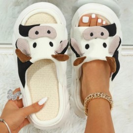 Cute Fabric Cow Home Slippers, Open Toe Super Soft Sole Platform Shoes, Comfy Indoor Animal Slippers