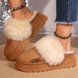 Fluffy Furry Platform House Slippers, Closed Toe Plush Lined Thermal Shoes, Winter Warm Home Fuzzy Slippers