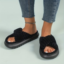 Women's Plush Platform Slippers, Cross Strap Open Toe Memory Foam Shoes, Indoor Anti-slip Fuzzy Slippers